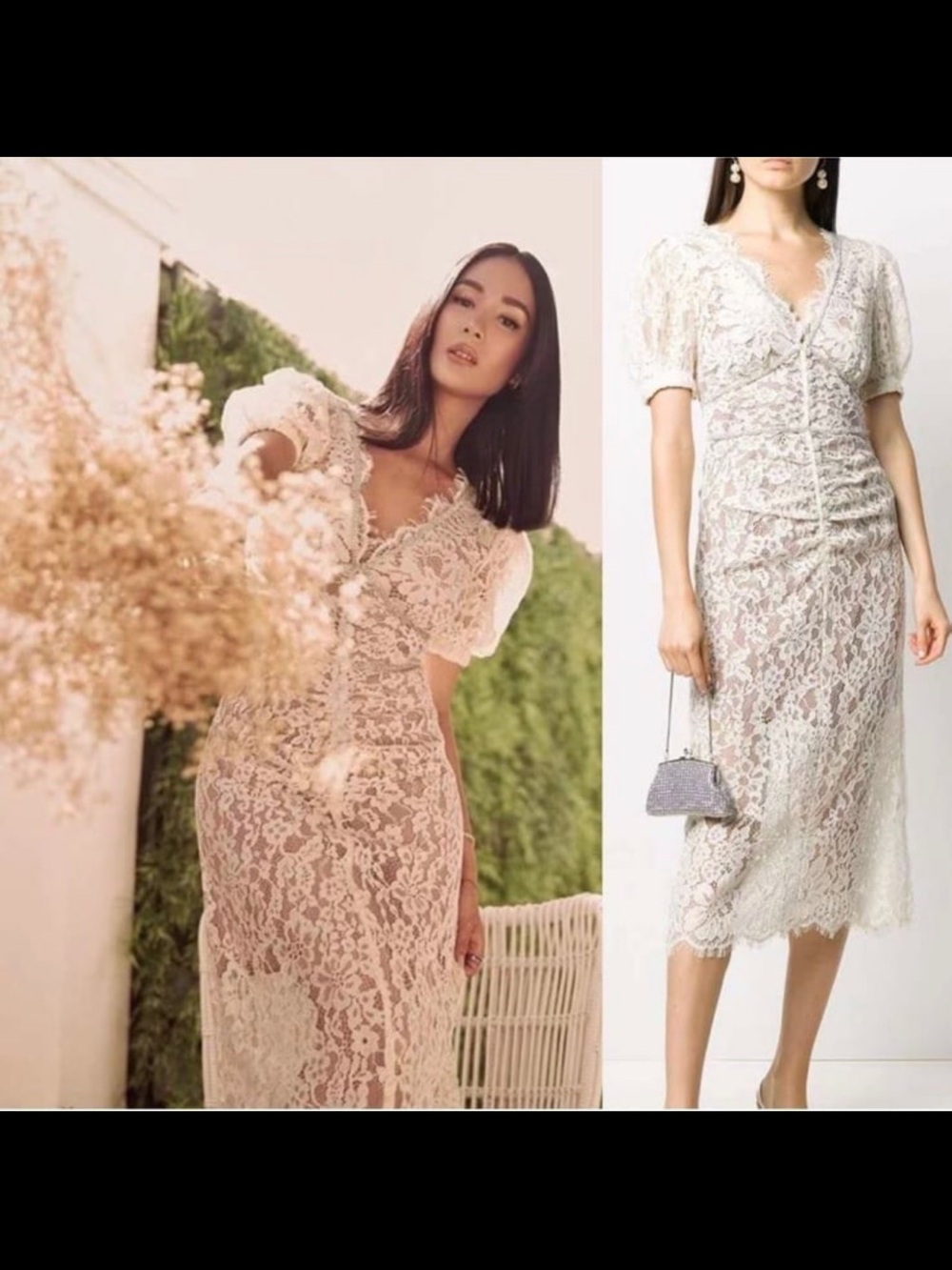 Self-Portrait Cream Lace Midi Dress with Puff Sleeves